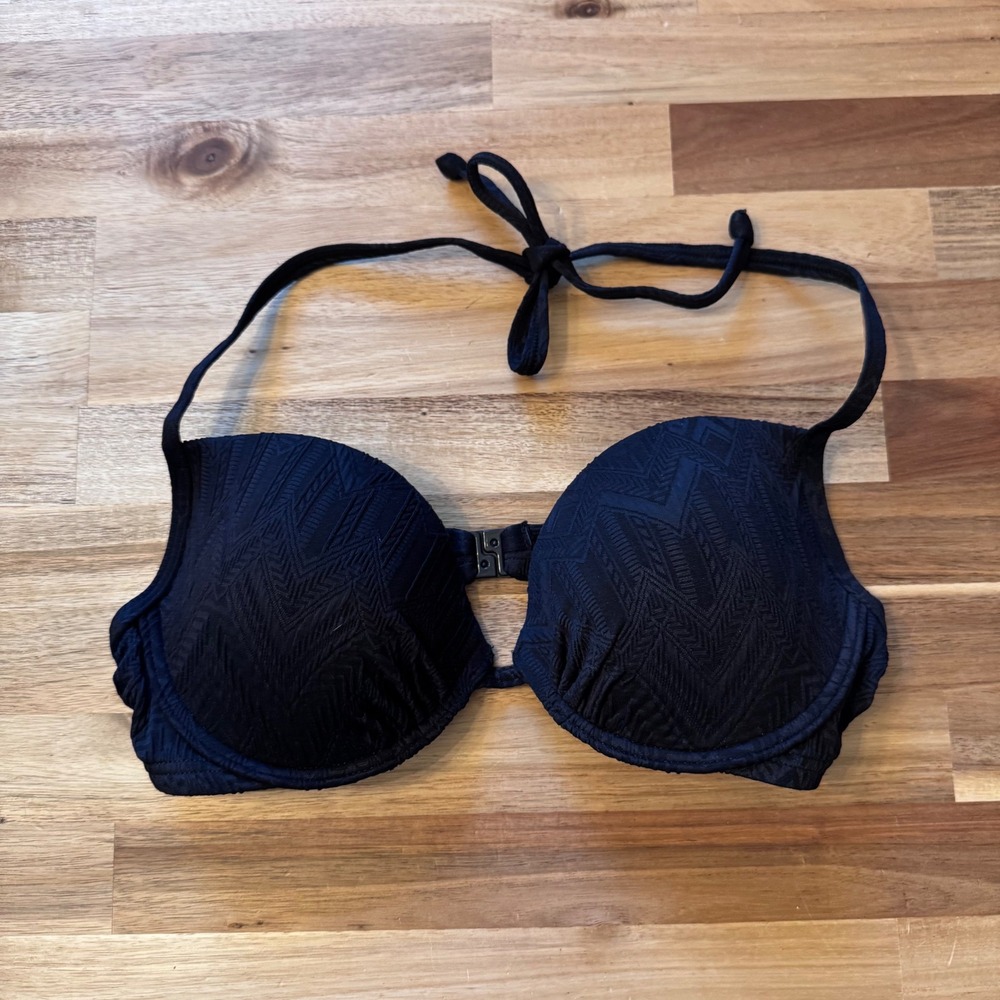 Lascana Black Textured Chevron Underwire Halter Bikini Top 34B‎ NEW